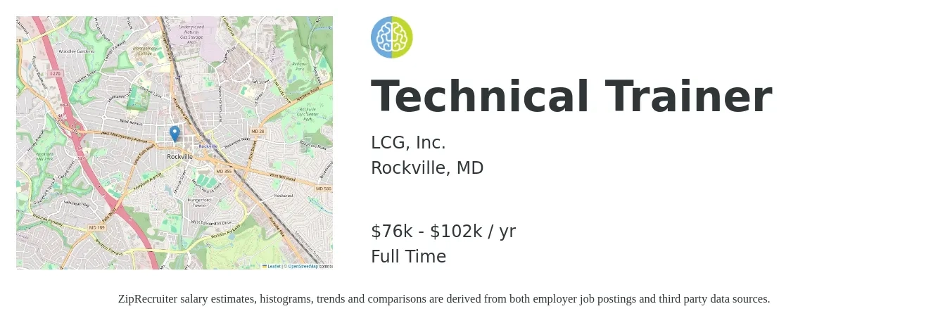 LCG, Inc. job posting for a Technical Trainer in Rockville, MD with a salary of $76,000 to $102,000 Yearly with a map of Rockville location.