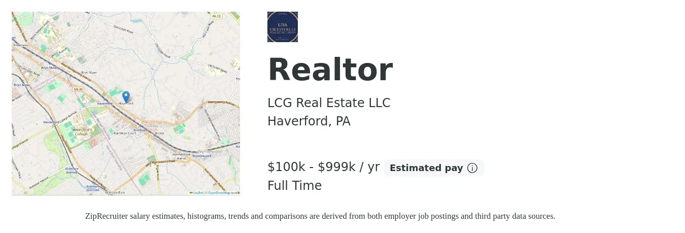 LCG Real Estate LLC job posting for a Realtor in Haverford, PA with a salary of $100,000 to $999,999 Yearly with a map of Haverford location.