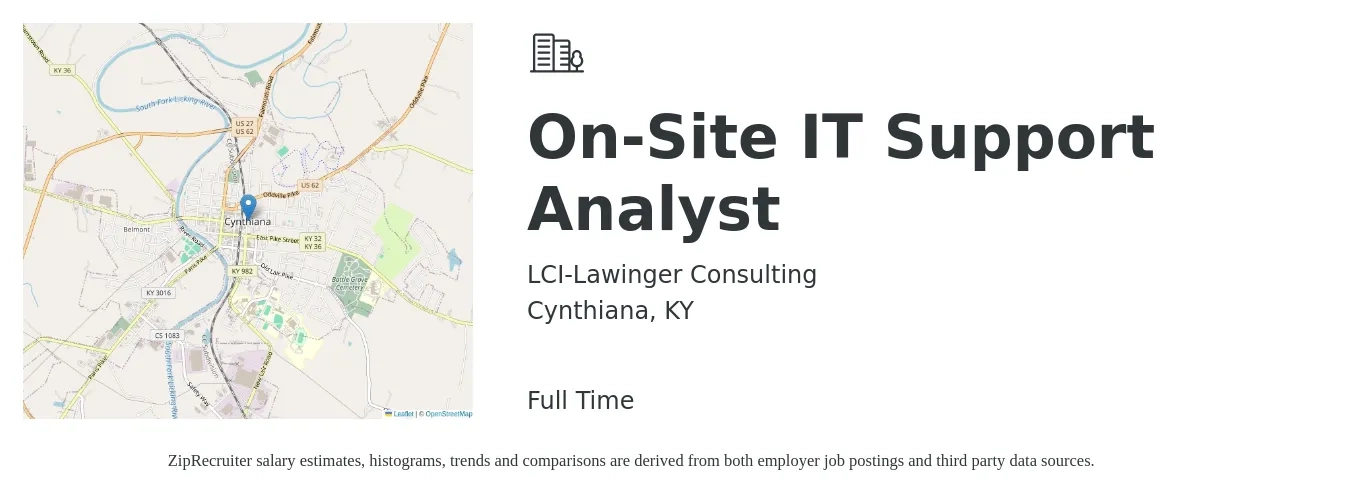LCI-Lawinger Consulting job posting for a On-Site IT Support Analyst in Cynthiana, KY with a salary of $22 to $30 Hourly with a map of Cynthiana location.