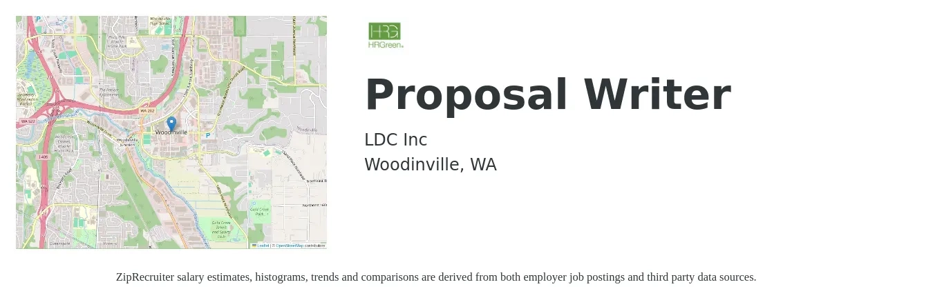 LDC Inc job posting for a Proposal Writer in Woodinville, WA with a salary of $52,000 to $65,000 Yearly with a map of Woodinville location.