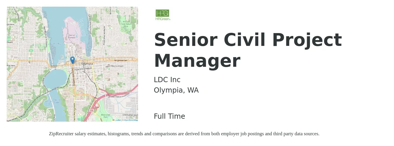 LDC Inc job posting for a Senior Civil Project Manager in Olympia, WA with a salary of $115,000 to $145,000 Yearly with a map of Olympia location.
