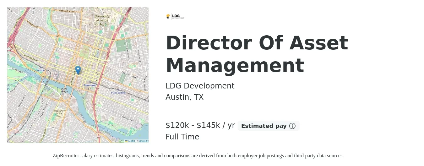 LDG Development job posting for a Director Of Asset Management in Austin, TX with a salary of $120,000 to $145,000 Yearly with a map of Austin location.