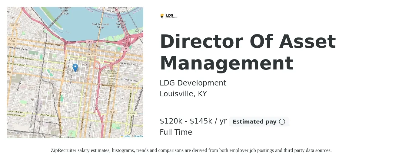 LDG Development job posting for a Director Of Asset Management in Louisville, KY with a salary of $120,000 to $145,000 Yearly with a map of Louisville location.