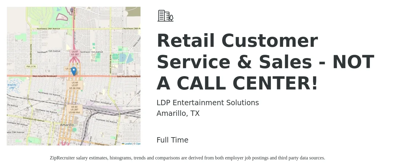 LDP Entertainment Solutions job posting for a Retail Customer Service & Sales - NOT A CALL CENTER! in Amarillo, TX with a salary of $16 to $25 Hourly with a map of Amarillo location.