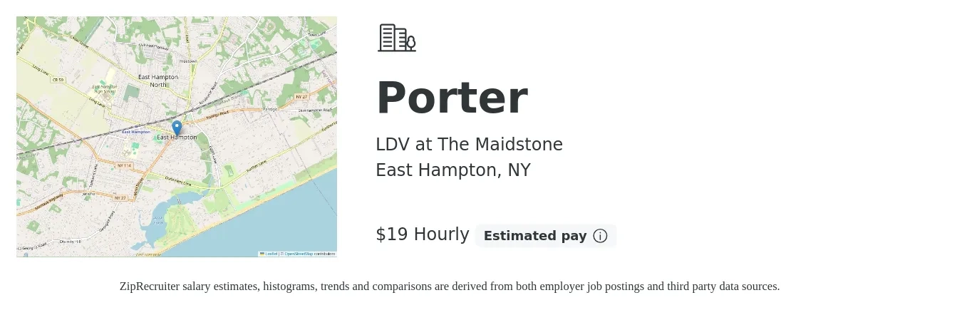 LDV at The Maidstone job posting for a Porter in East Hampton, NY with a salary of $20 Hourly with a map of East Hampton location.
