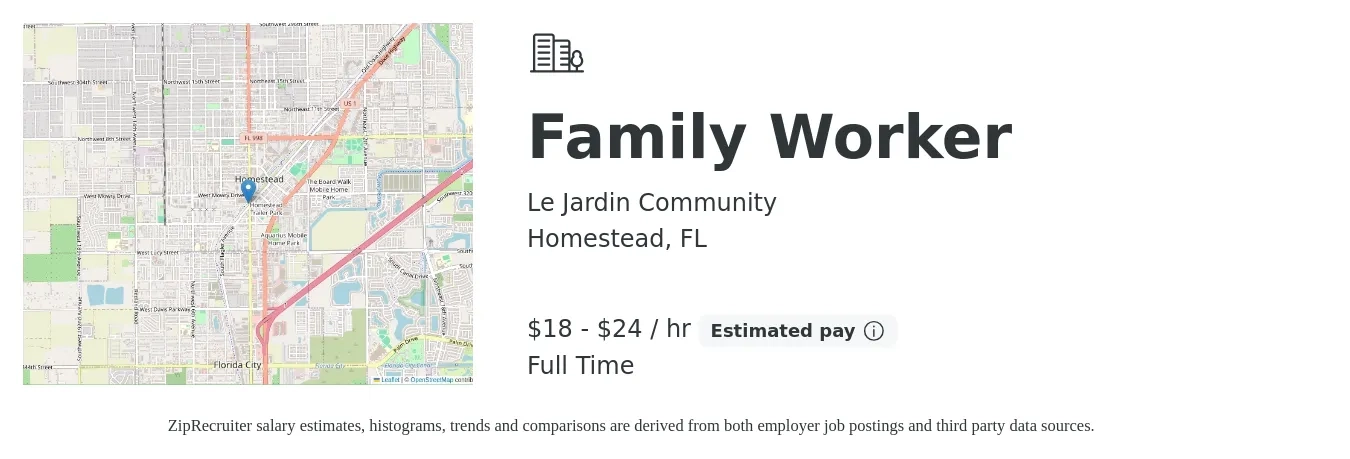 Le Jardin Community job posting for a Family Worker in Homestead, FL with a salary of $20 to $25 Hourly with a map of Homestead location.