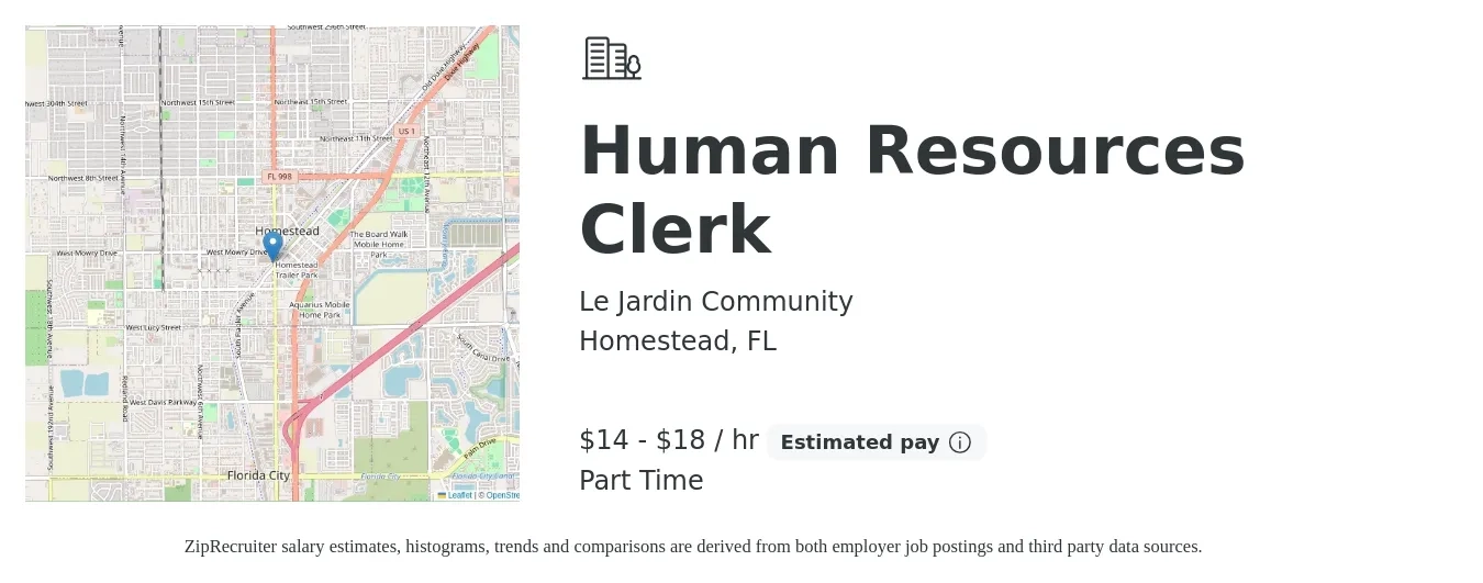 Le Jardin Community job posting for a Human Resources Clerk in Homestead, FL with a salary of $15 to $17 Hourly with a map of Homestead location.