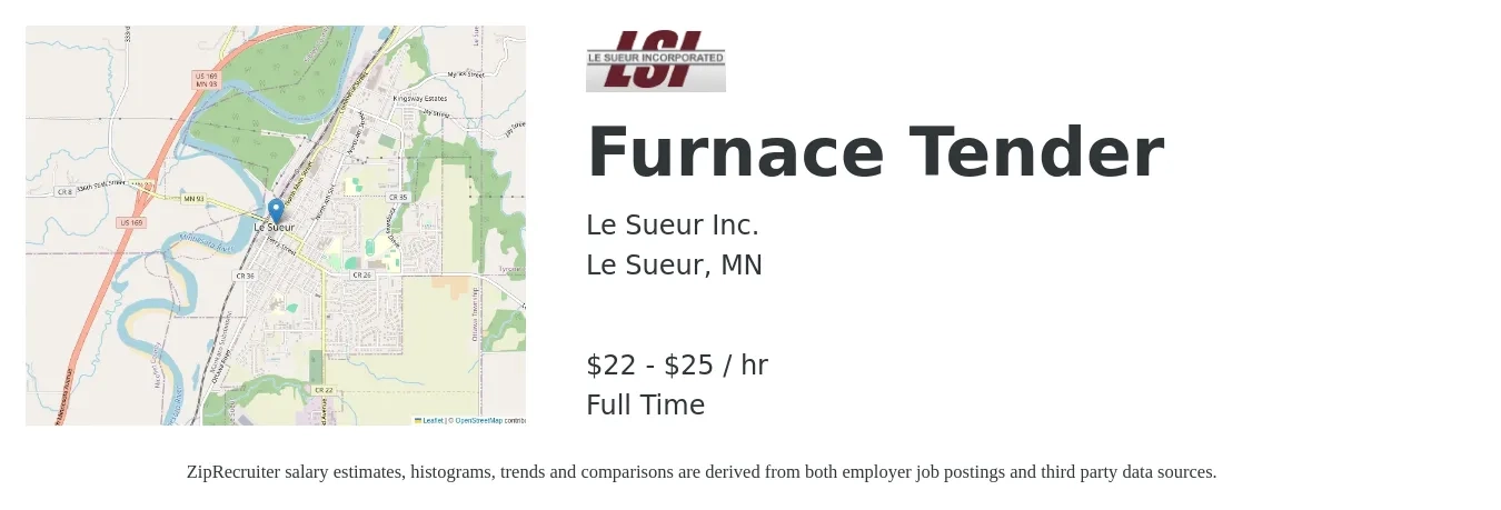 Le Sueur Inc. job posting for a Furnace Tender in Le Sueur, MN with a salary of $47,840 Yearly with a map of Le Sueur location.