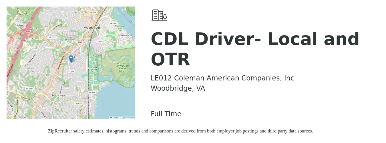 LE012 Coleman American Companies, Inc job posting for a CDL Driver- Local and OTR in Woodbridge, VA with a salary of $25 to $42 Hourly with a map of Woodbridge location.