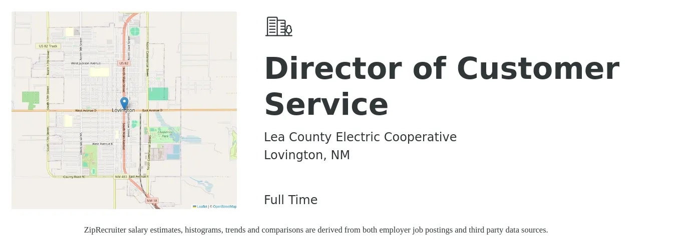 Lea County Electric Cooperative job posting for a Director of Customer Service in Lovington, NM with a salary of $102,200 to $158,700 Yearly with a map of Lovington location.