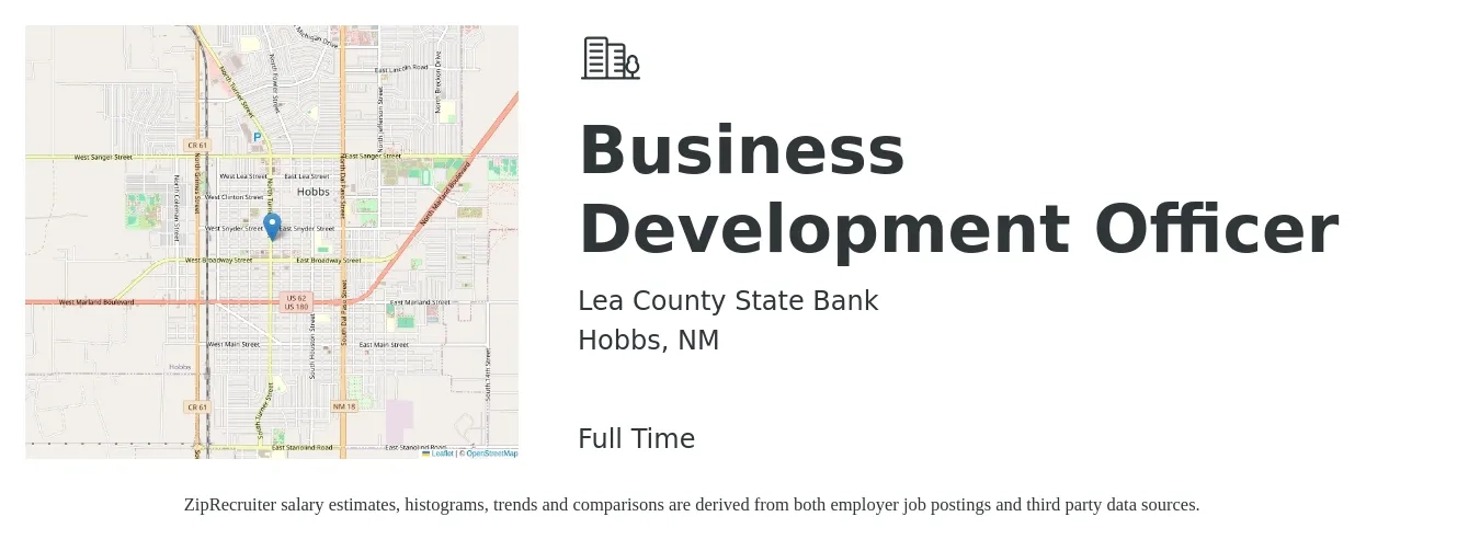 Lea County State Bank job posting for a Business Development Officer in Hobbs, NM with a salary of $70,000 to $87,500 Yearly with a map of Hobbs location.