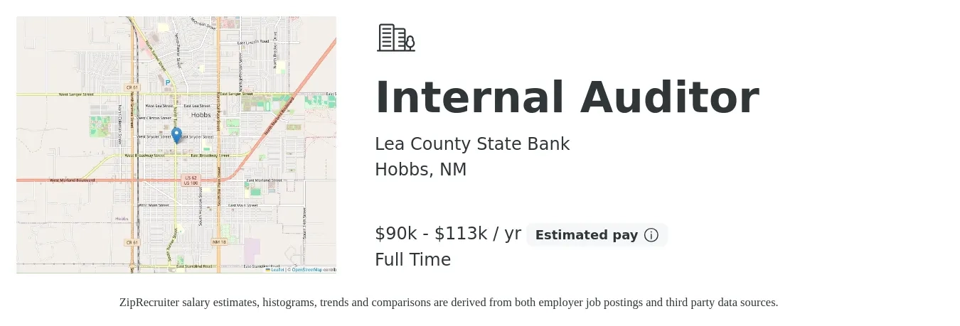 Lea County State Bank job posting for a Internal Auditor in Hobbs, NM with a salary of $90,600 to $113,300 Yearly with a map of Hobbs location.