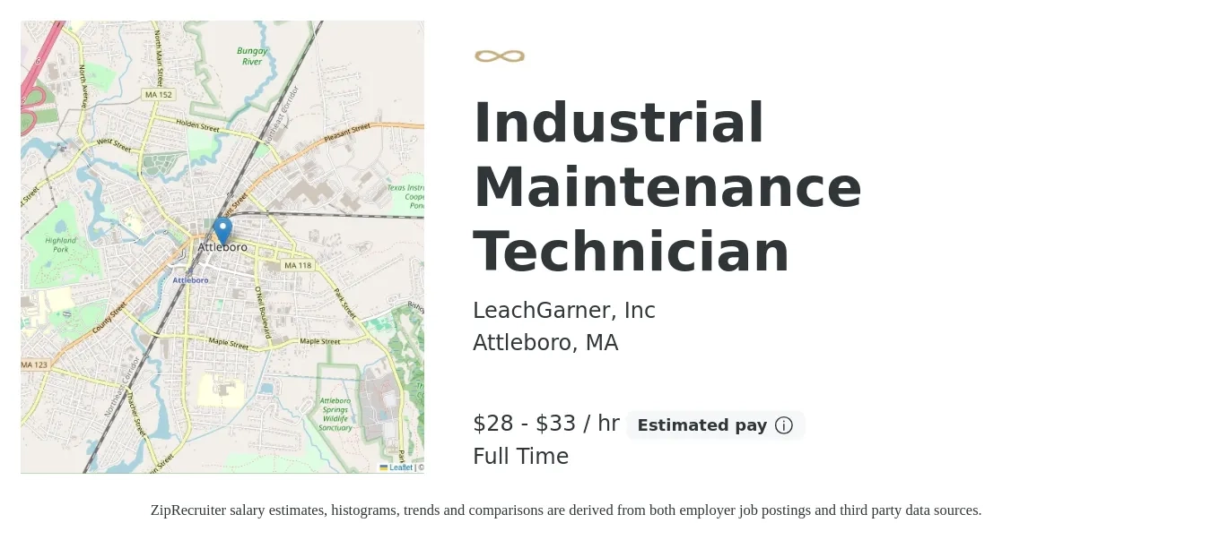 LeachGarner, Inc job posting for a Industrial Maintenance Technician in Attleboro, MA with a salary of $30 to $35 Hourly with a map of Attleboro location.