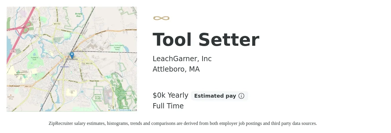 LeachGarner, Inc job posting for a Tool Setter in Attleboro, MA with a salary of $22 to $25 Yearly with a map of Attleboro location.