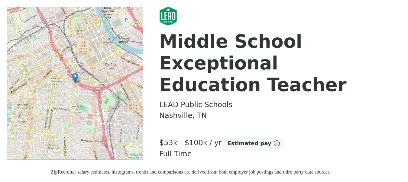 LEAD Public Schools job posting for a Middle School Exceptional Education Teacher in Nashville, TN with a salary of $53,000 to $100,000 Yearly with a map of Nashville location.