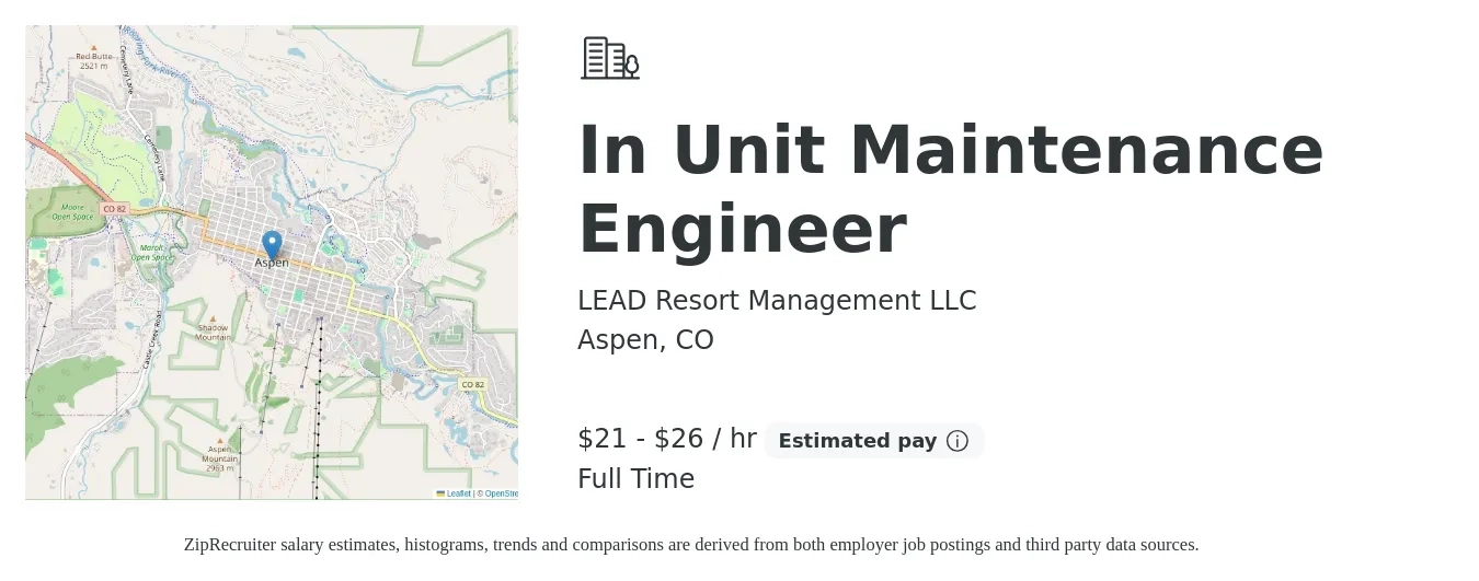 LEAD Resort Management LLC job posting for a In Unit Maintenance Engineer in Aspen, CO with a salary of $22 to $28 Hourly with a map of Aspen location.
