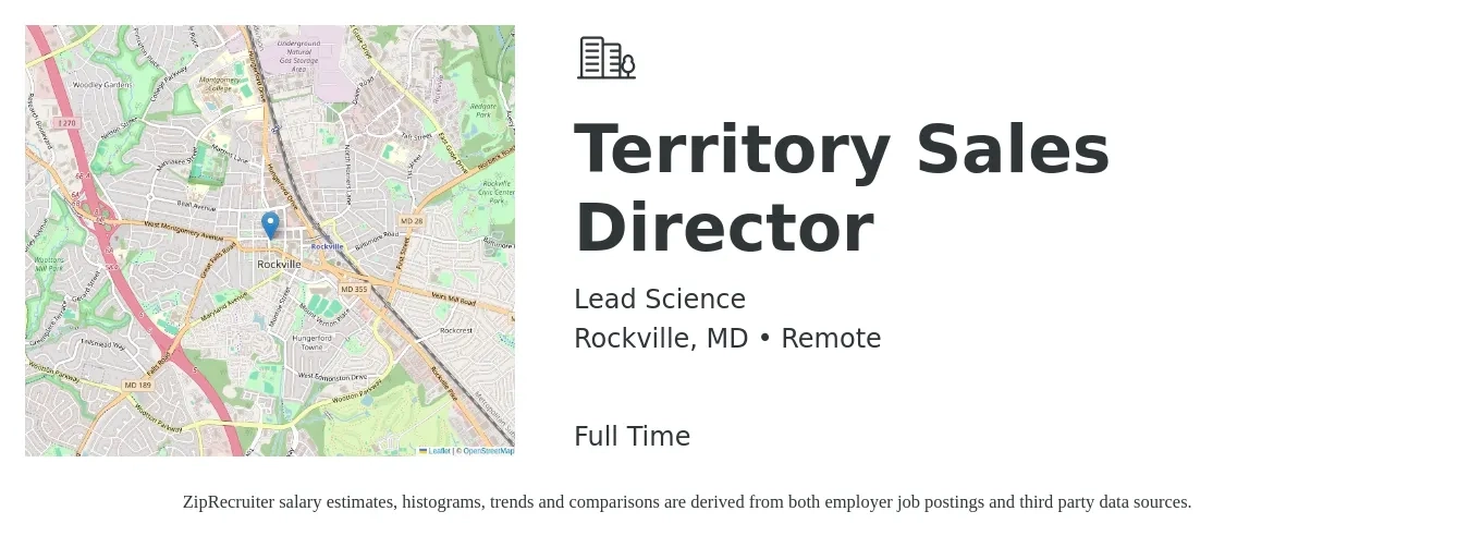 Lead Science job posting for a Territory Sales Director in Rockville, MD with a salary of $60,000 to $75,000 Yearly with a map of Rockville location.