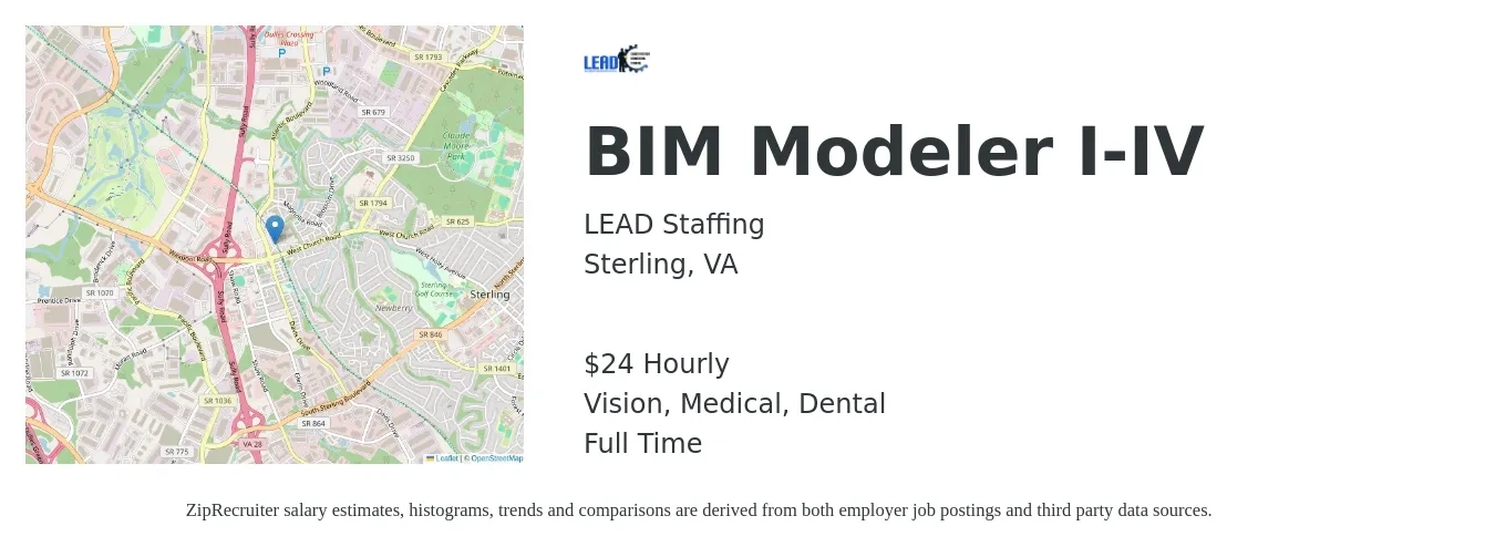 LEAD Staffing job posting for a BIM Modeler I-IV in Sterling, VA with a salary of $25 Hourly and benefits including dental, life_insurance, medical, pto, retirement, and vision with a map of Sterling location.