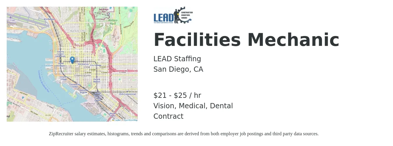 LEAD Staffing job posting for a Facilities Mechanic in San Diego, CA with a salary of $22 to $26 Hourly and benefits including life_insurance, medical, pto, retirement, vision, and dental with a map of San Diego location.