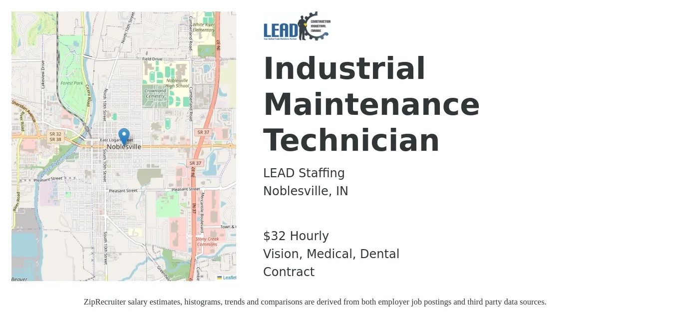 LEAD Staffing job posting for a Industrial Maintenance Technician in Noblesville, IN with a salary of $34 Hourly and benefits including dental, life_insurance, medical, pto, retirement, and vision with a map of Noblesville location.