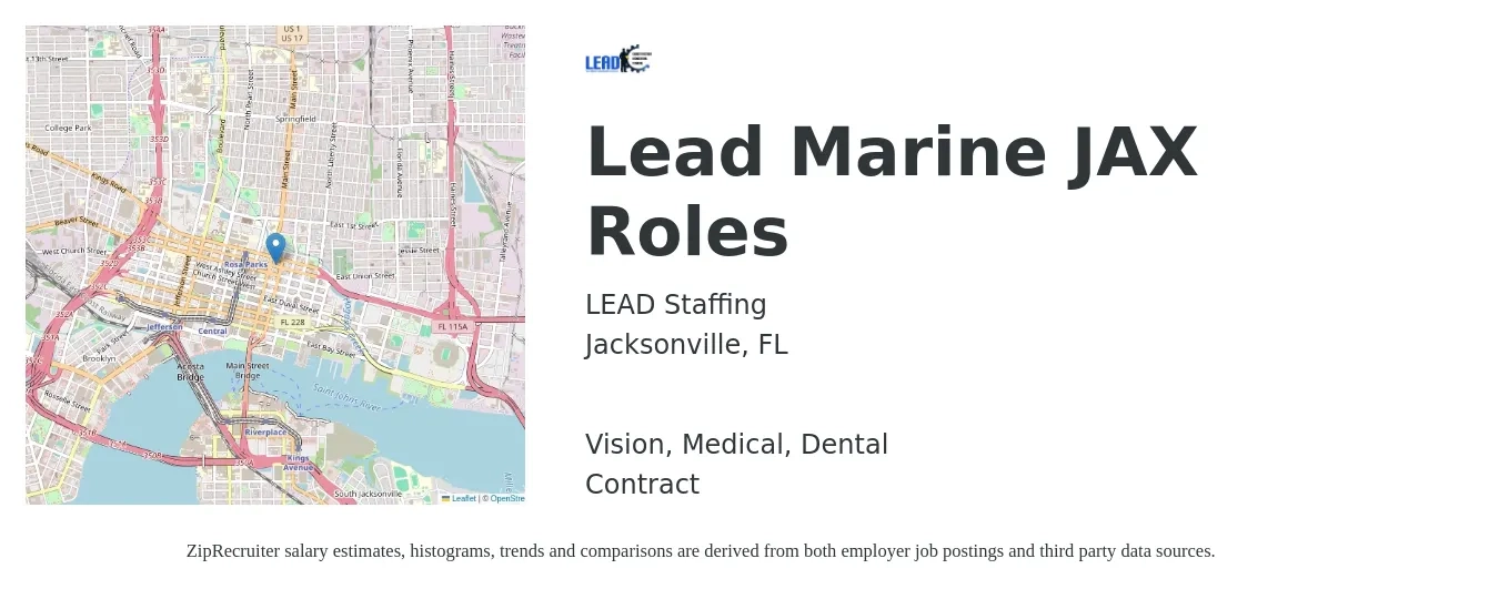 LEAD Staffing job posting for a Lead Marine JAX Roles in Jacksonville, FL and benefits including life_insurance, medical, pto, retirement, vision, and dental with a map of Jacksonville location.