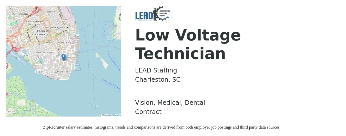 LEAD Staffing job posting for a Low Voltage Technician in Charleston, SC with a salary of $20 to $26 Hourly and benefits including retirement, vision, dental, life_insurance, medical, and pto with a map of Charleston location.
