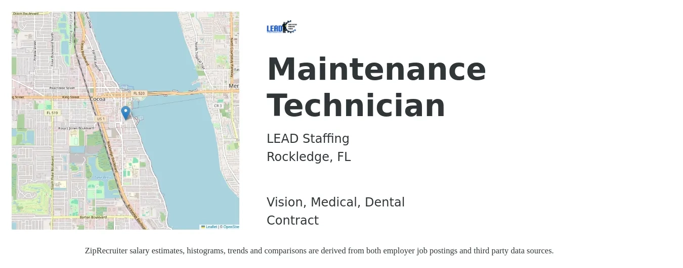 LEAD Staffing job posting for a Maintenance Technician in Rockledge, FL with a salary of $17 to $23 Hourly and benefits including dental, life_insurance, medical, pto, retirement, and vision with a map of Rockledge location.