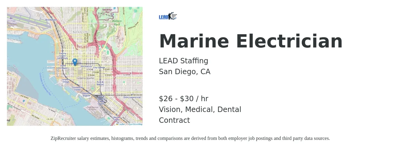 LEAD Staffing job posting for a Marine Electrician in San Diego, CA with a salary of $26 to $32 Hourly and benefits including dental, life_insurance, medical, pto, retirement, and vision with a map of San Diego location.