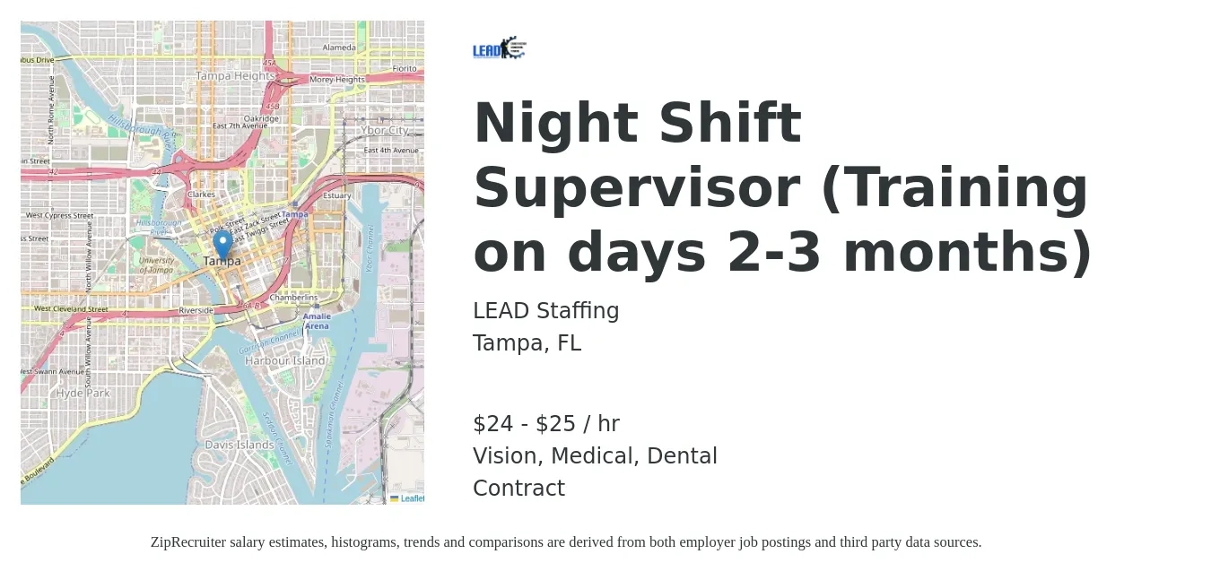 LEAD Staffing job posting for a Night Shift Supervisor (Training on days 2-3 months) in Tampa, FL with a salary of $25 to $27 Hourly and benefits including dental, life_insurance, medical, pto, retirement, and vision with a map of Tampa location.