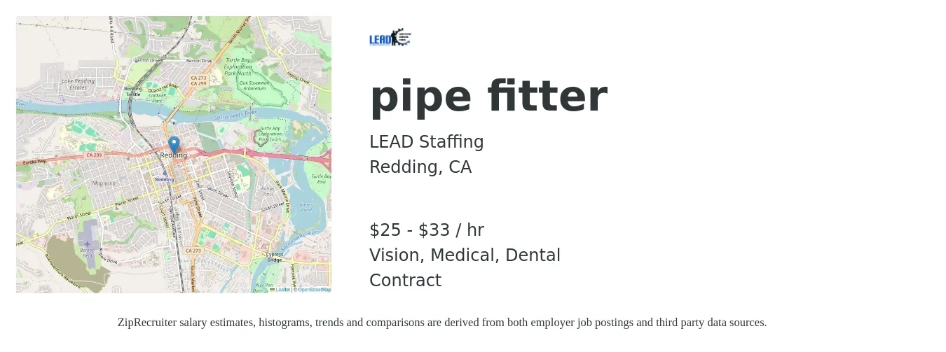 LEAD Staffing job posting for a pipe fitter in Redding, CA with a salary of $27 to $35 Hourly and benefits including dental, life_insurance, medical, pto, retirement, and vision with a map of Redding location.