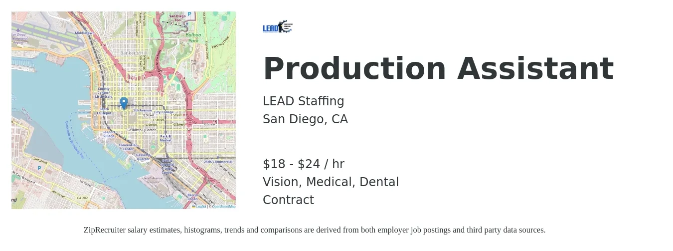 LEAD Staffing job posting for a Production Assistant in San Diego, CA with a salary of $19 to $25 Hourly and benefits including dental, life_insurance, medical, pto, retirement, and vision with a map of San Diego location.