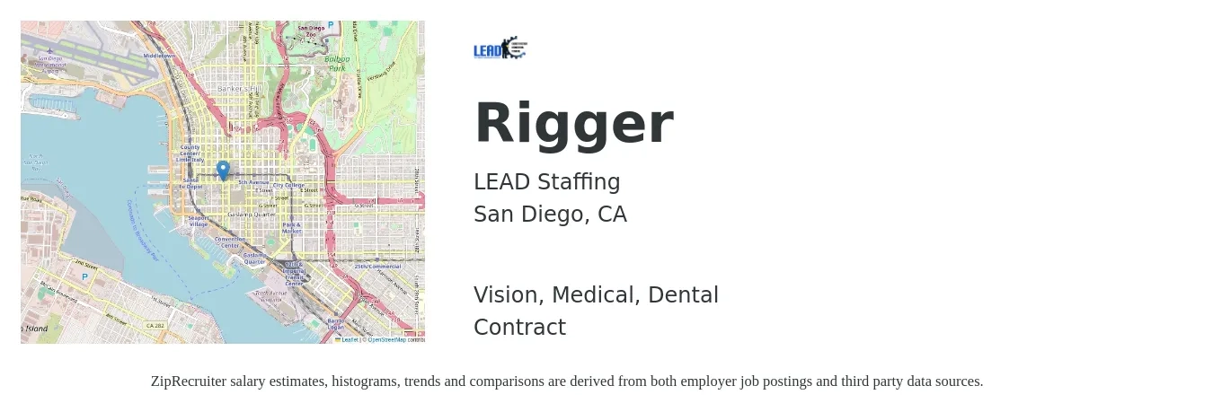 LEAD Staffing job posting for a Rigger in San Diego, CA with a salary of $26 to $33 Hourly and benefits including dental, life_insurance, medical, pto, retirement, and vision with a map of San Diego location.