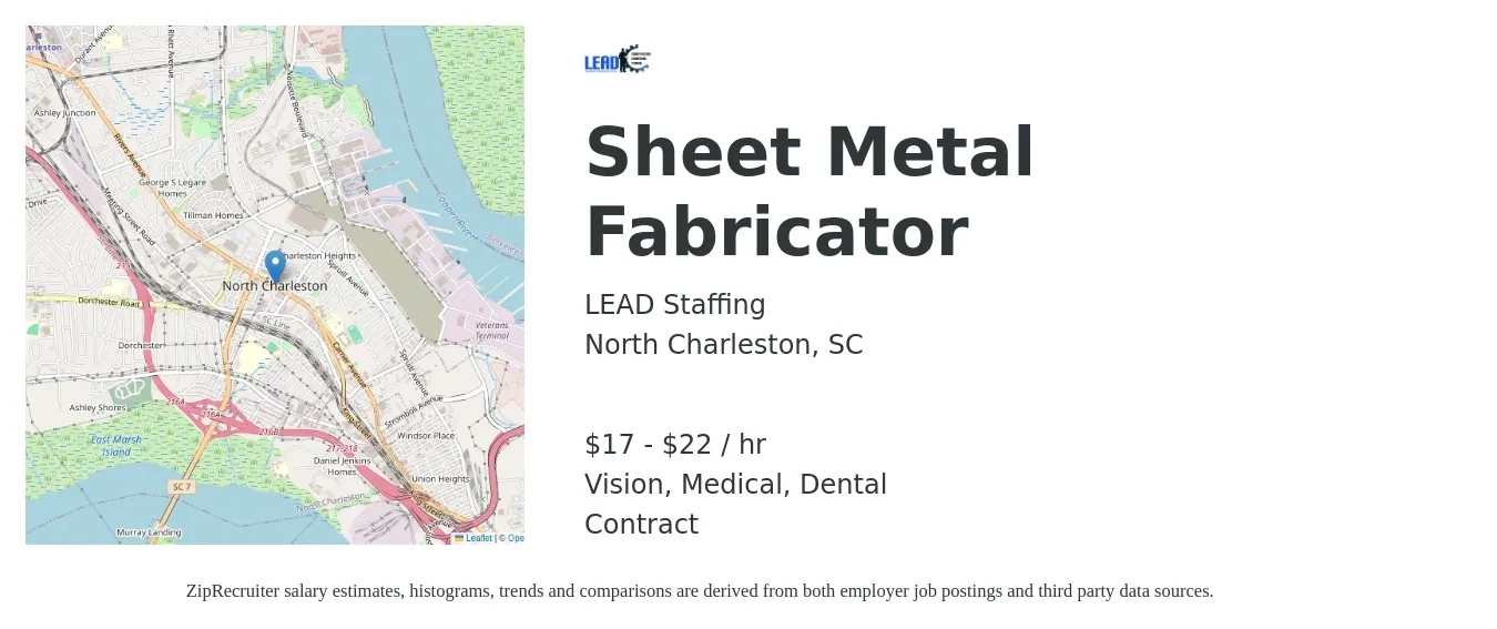 LEAD Staffing job posting for a Sheet Metal Fabricator in North Charleston, SC with a salary of $18 to $23 Hourly and benefits including dental, life_insurance, medical, pto, retirement, and vision with a map of North Charleston location.