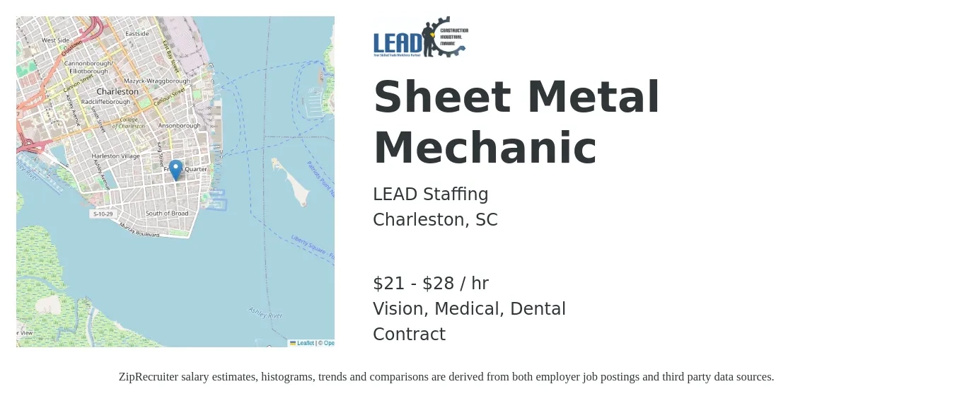 LEAD Staffing job posting for a Sheet Metal Mechanic in Charleston, SC with a salary of $22 to $30 Hourly and benefits including dental, life_insurance, medical, pto, retirement, and vision with a map of Charleston location.