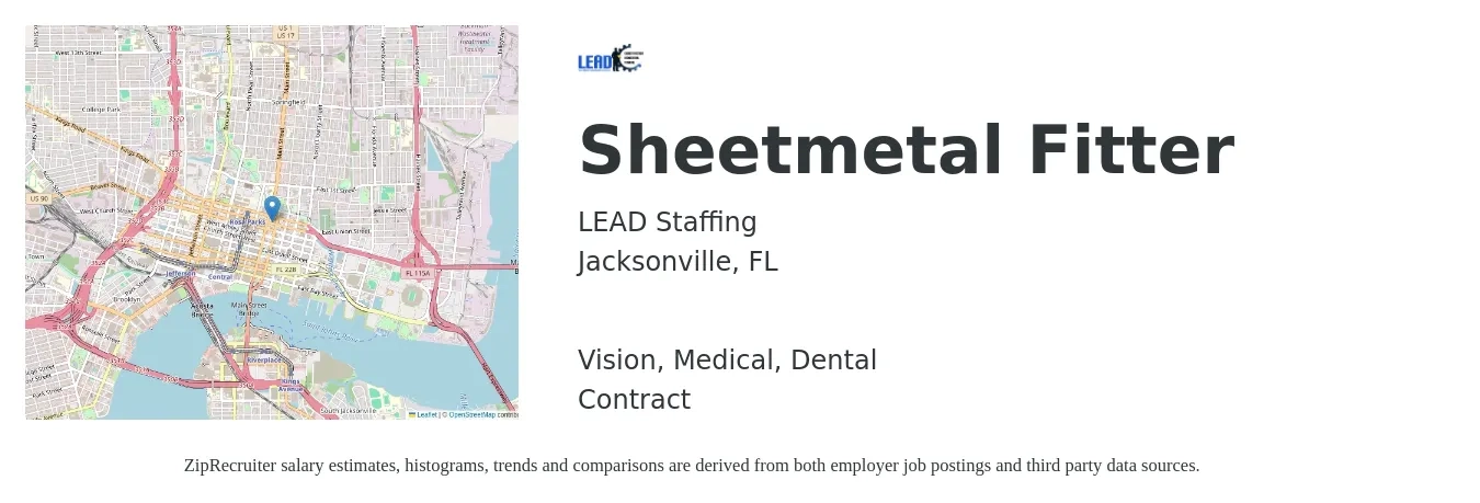 LEAD Staffing job posting for a Sheetmetal Fitter in Jacksonville, FL with a salary of $20 to $28 Hourly and benefits including life_insurance, medical, pto, retirement, vision, and dental with a map of Jacksonville location.