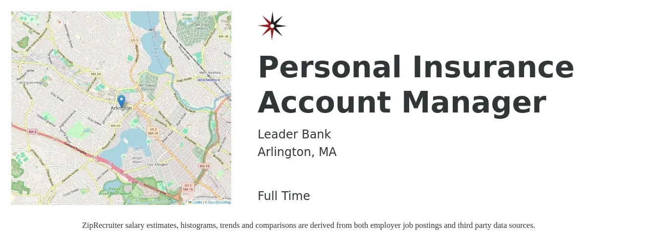 Leader Bank job posting for a Personal Insurance Account Manager in Arlington, MA with a salary of $50,600 to $68,500 Yearly with a map of Arlington location.