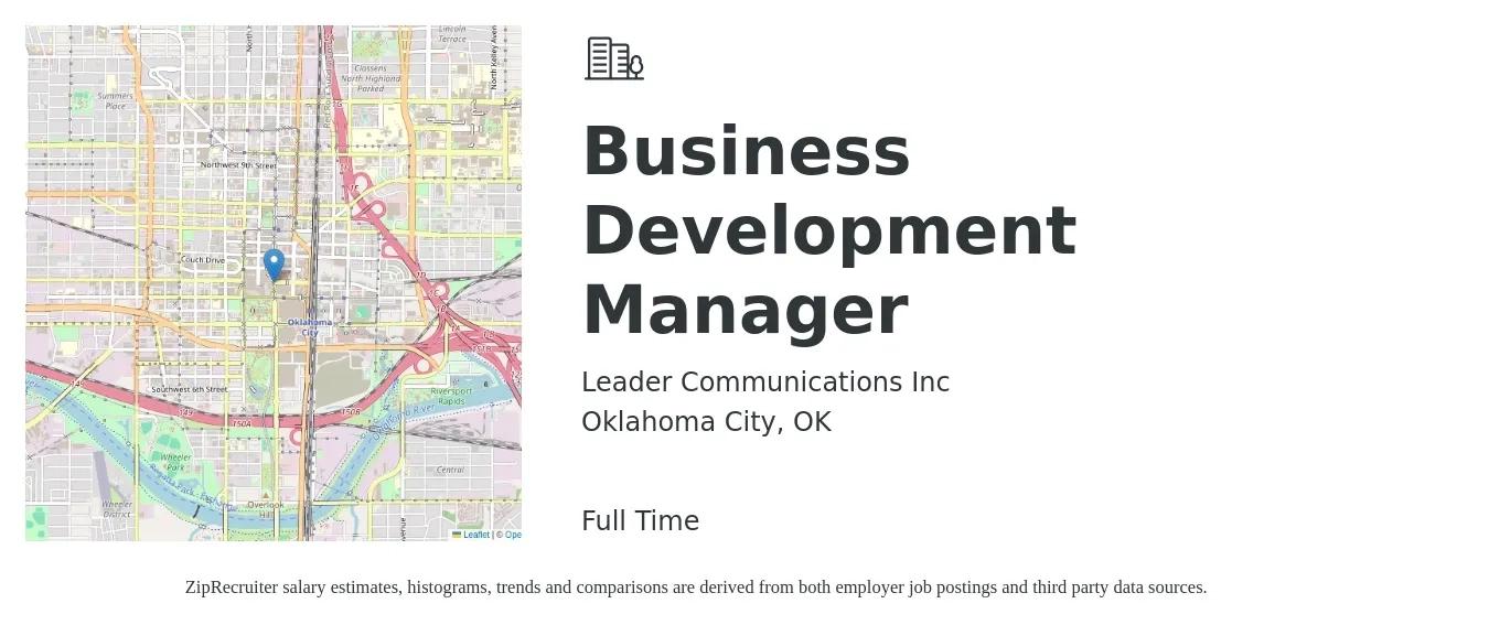 Leader Communications Inc job posting for a Business Development Manager in Oklahoma City, OK with a salary of $57,800 to $94,800 Yearly with a map of Oklahoma City location.