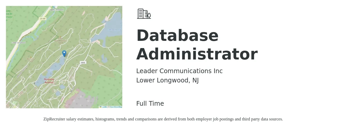 Leader Communications Inc job posting for a Database Administrator in Lower Longwood, NJ with a salary of $42 to $65 Hourly with a map of Lower Longwood location.