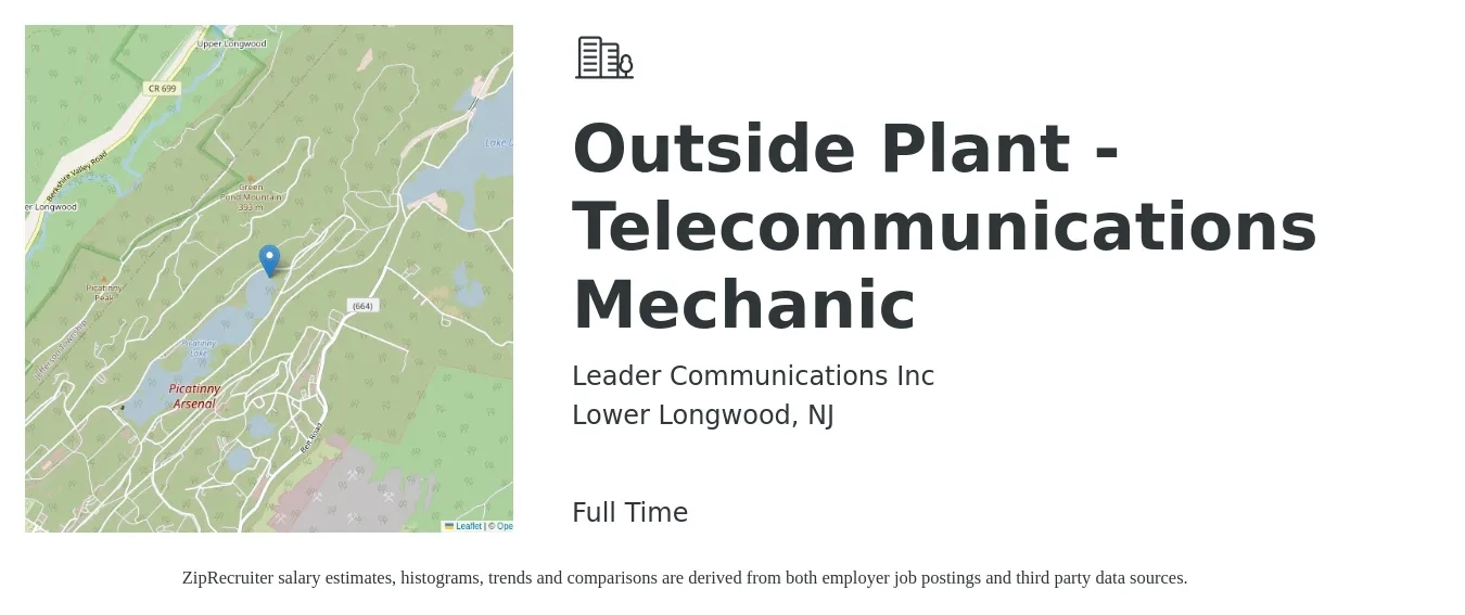 Leader Communications Inc job posting for a Outside Plant - Telecommunications Mechanic in Lower Longwood, NJ with a salary of $22 to $35 Hourly with a map of Lower Longwood location.