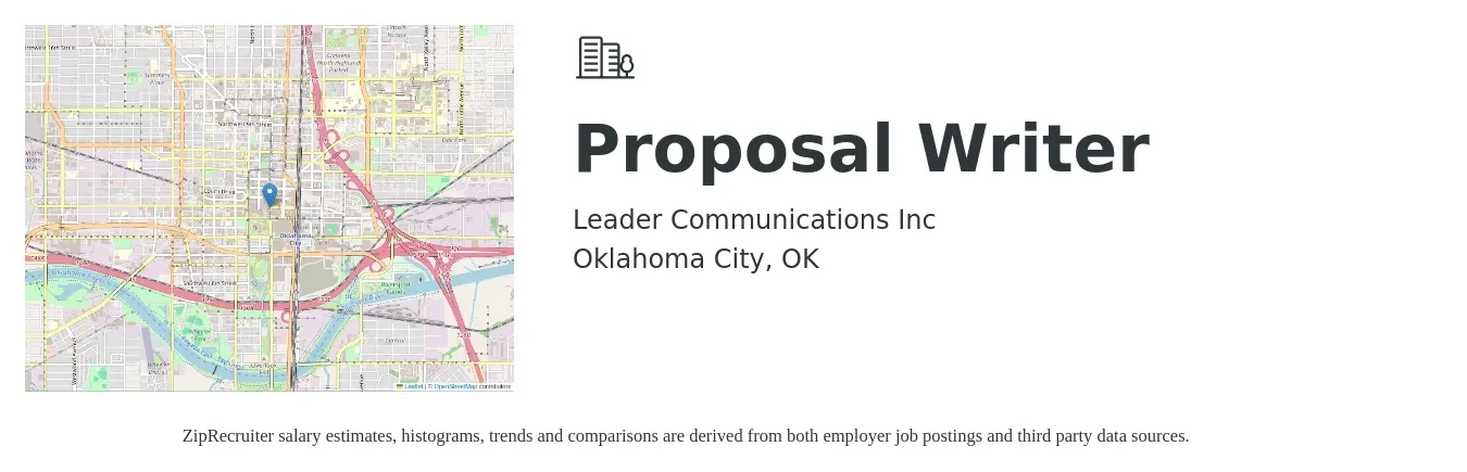 Leader Communications Inc job posting for a Proposal Writer in Oklahoma City, OK with a salary of $60,200 to $85,800 Yearly with a map of Oklahoma City location.