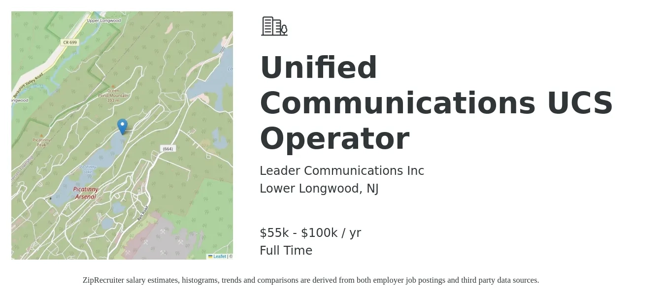 Leader Communications Inc job posting for a Unified Communications UCS Operator in Lower Longwood, NJ with a salary of $55,000 to $100,000 Yearly with a map of Lower Longwood location.