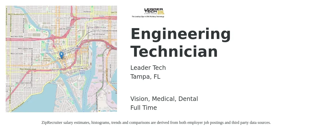 Leader Tech job posting for a Engineering Technician in Tampa, FL with a salary of $44,400 to $68,000 Yearly and benefits including retirement, vision, dental, life_insurance, medical, and pto with a map of Tampa location.