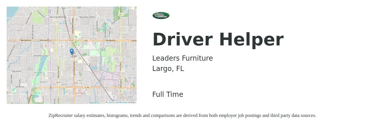 Leaders Furniture job posting for a Driver Helper in Largo, FL with a salary of $33,000 to $42,000 Yearly with a map of Largo location.