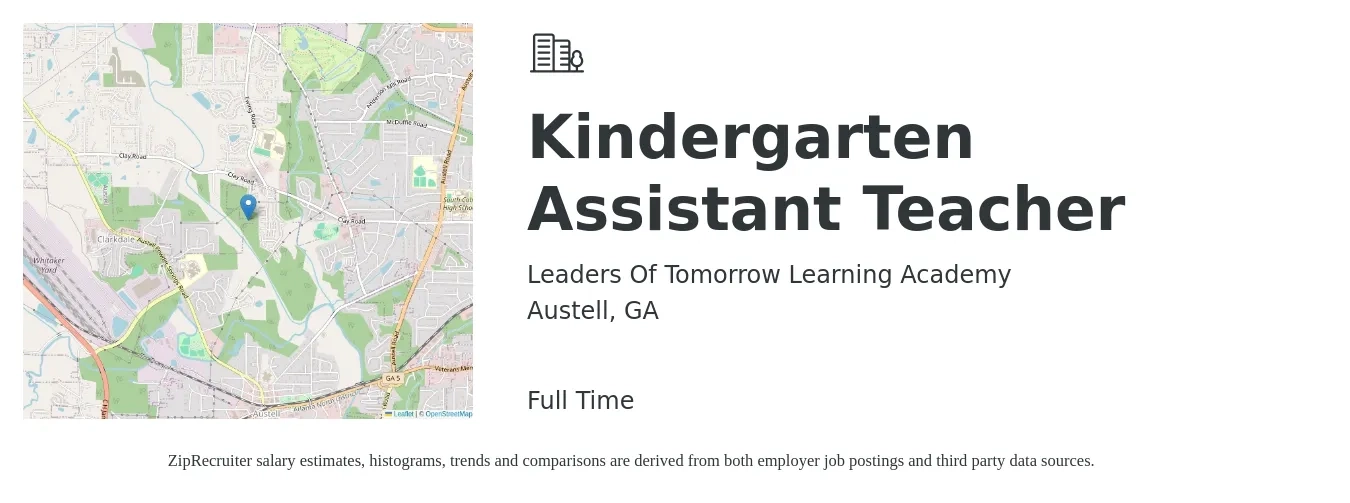 Leaders Of Tomorrow Learning Academy job posting for a Kindergarten Assistant Teacher in Austell, GA with a salary of $14 to $16 Hourly with a map of Austell location.