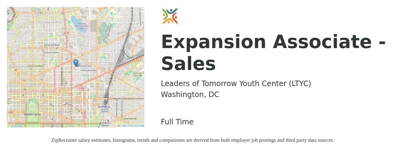 Leaders of Tomorrow Youth Center (LTYC) job posting for a Expansion Associate - Sales in Washington, DC with a salary of $16 to $22 Hourly with a map of Washington location.