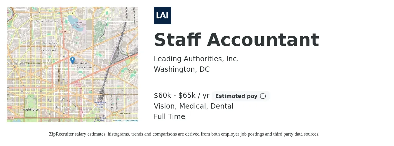 Leading Authorities, Inc. job posting for a Staff Accountant in Washington, DC with a salary of $60,000 to $65,000 Yearly and benefits including dental, life_insurance, medical, retirement, and vision with a map of Washington location.