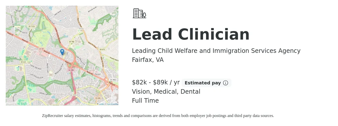 Leading Child Welfare and Immigration Services Agency job posting for a Lead Clinician in Fairfax, VA with a salary of $82,000 to $89,000 Yearly and benefits including vision, dental, life_insurance, medical, pto, and retirement with a map of Fairfax location.