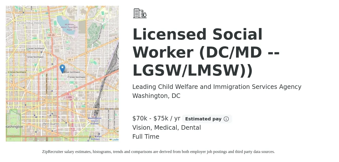 Leading Child Welfare and Immigration Services Agency job posting for a Social Worker (DC/MD Licensed -- LGSW/LMSW) in Greenbelt, MD with a salary of $70,000 to $75,000 Yearly and benefits including pto, retirement, vision, dental, life_insurance, and medical with a map of Greenbelt location.