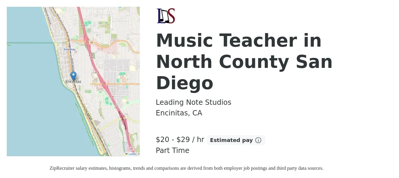 Leading Note Studios job posting for a Music Teacher in North County San Diego in Encinitas, CA with a salary of $21 to $31 Hourly with a map of Encinitas location.
