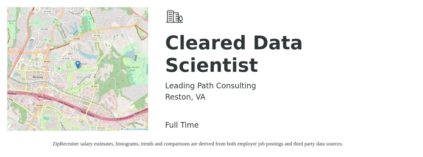 Leading Path Consulting job posting for a Cleared Data Scientist in Reston, VA with a salary of $102,500 to $141,500 Yearly with a map of Reston location.